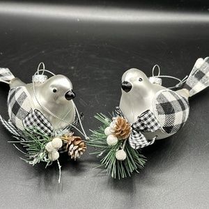 2 Robert Stanley Silver Birds - Blown Glass / Buffalo Plaid, Christmas Ornaments